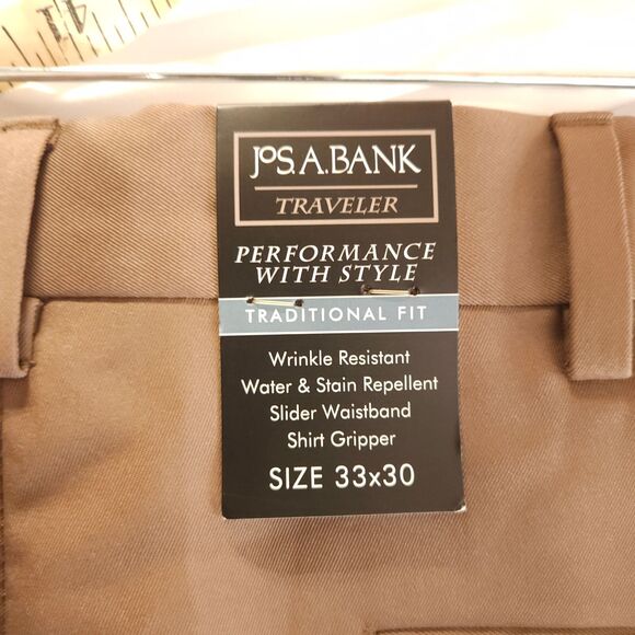 NWT Jos A. Bank Mens 33x30 Tan Pleated Cuffed Water Stain Repellent Dress Pants - Picture 3 of 7